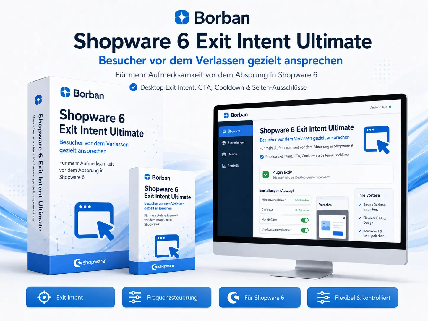 Borban Shopware 6 Exit Intent Ultimate Pluginbild mit Exit-Intent-Popup, CTA, Cooldown und Frequenzsteuerung