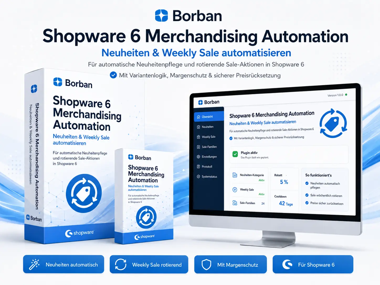 Borban Shopware 6 Merchandising Automation Pluginbild mit Neuheitenpflege, Weekly Sale und Margenschutz