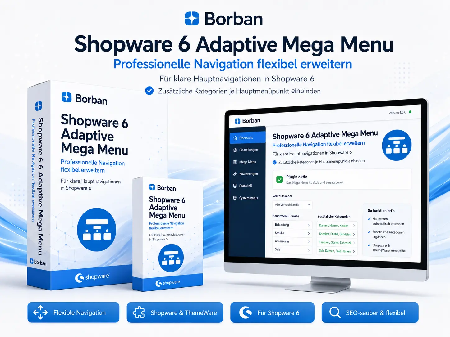 Borban Shopware 6 Adaptive Mega Menu Pluginbild mit flexibler Navigation, Kategorie-Zuordnungen und ThemeWare-Kompatibilität