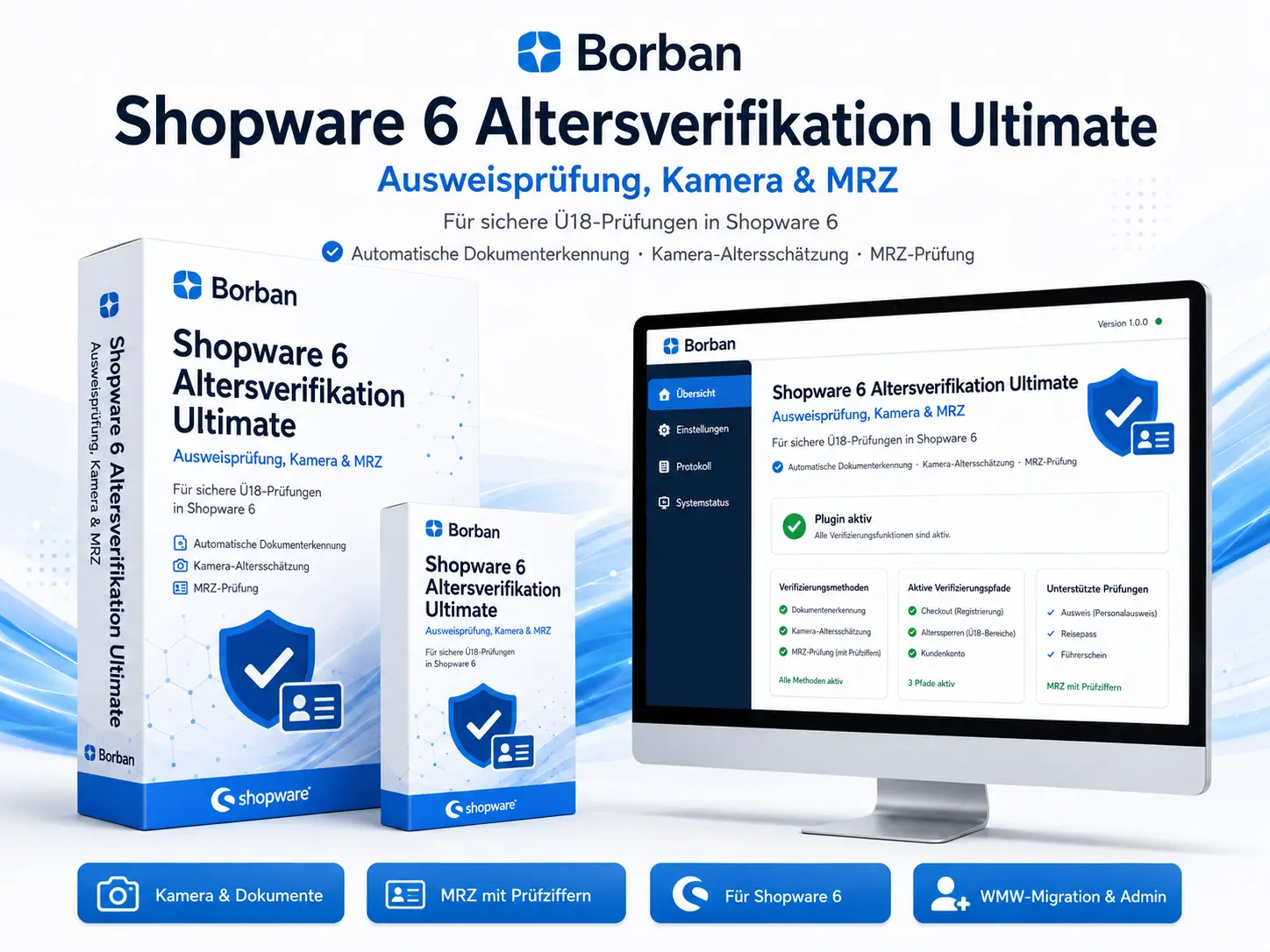 Borban Shopware 6 Altersverifikation Ultimate Pluginbild mit Ausweisprüfung, Kamera-Altersschätzung und MRZ-Prüfung