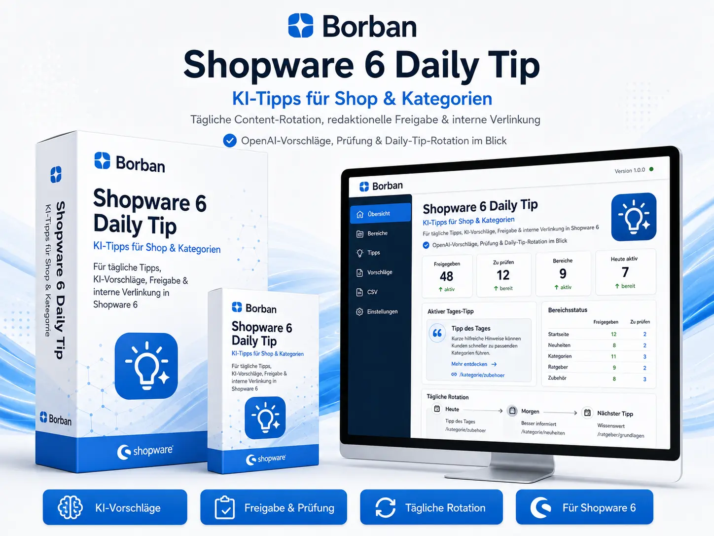 Borban Shopware 6 Daily Tip Pluginbild mit KI-Tipps, redaktioneller Freigabe und täglicher Content-Rotation